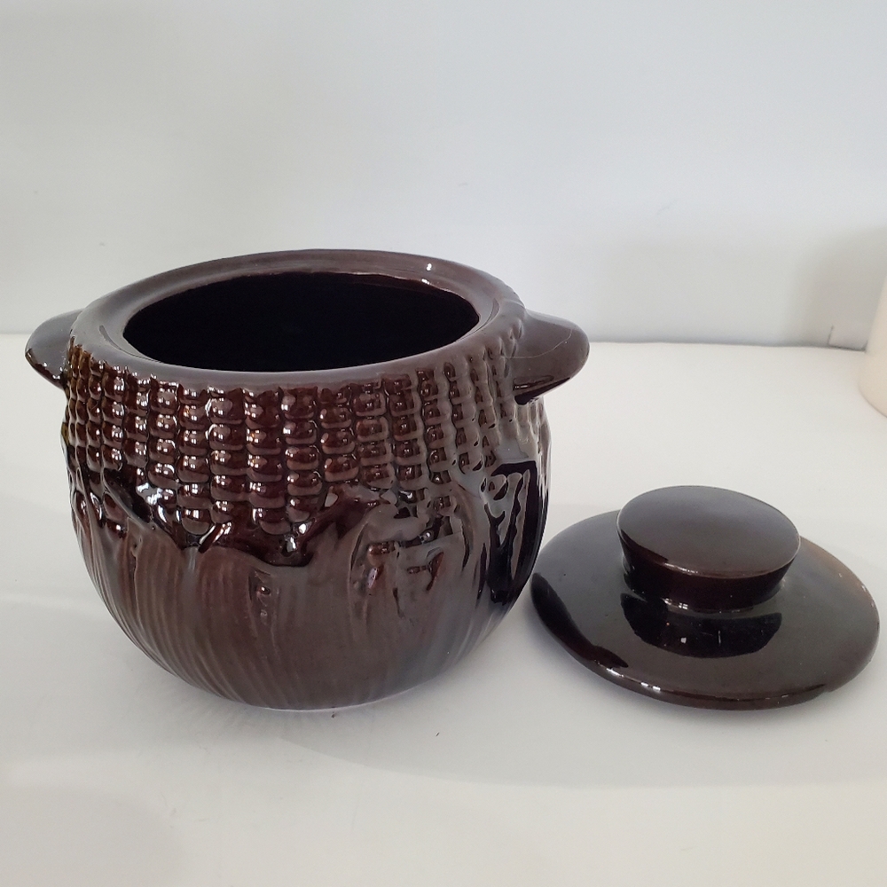 Rare Royal Canadian Art Pottery 1 Qt Brown Corn Cob Theme Bean Crock w/Lid - Picture 10 of 11